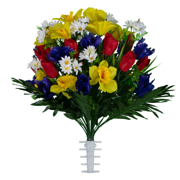 Yellow Daffodils, Red Tulips and Purple/Blue Iris