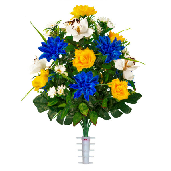 Blue Dahlias, Yellow Roses and White Orchid Mix