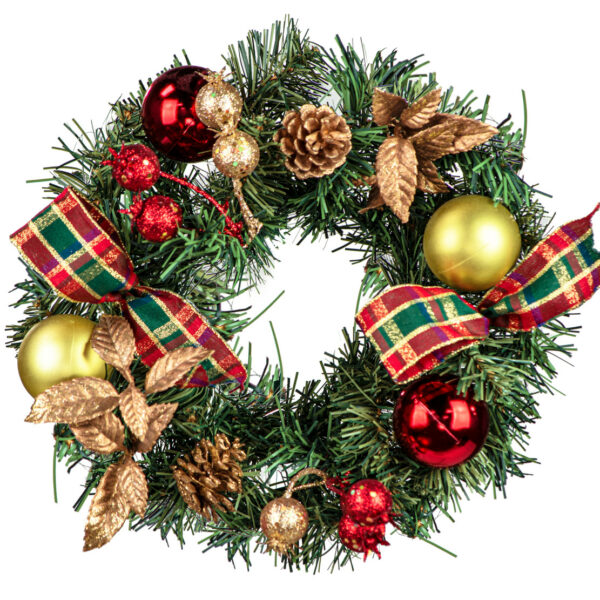 10 Inch Christmas Wreath with Plaid Ribbon and Ornaments